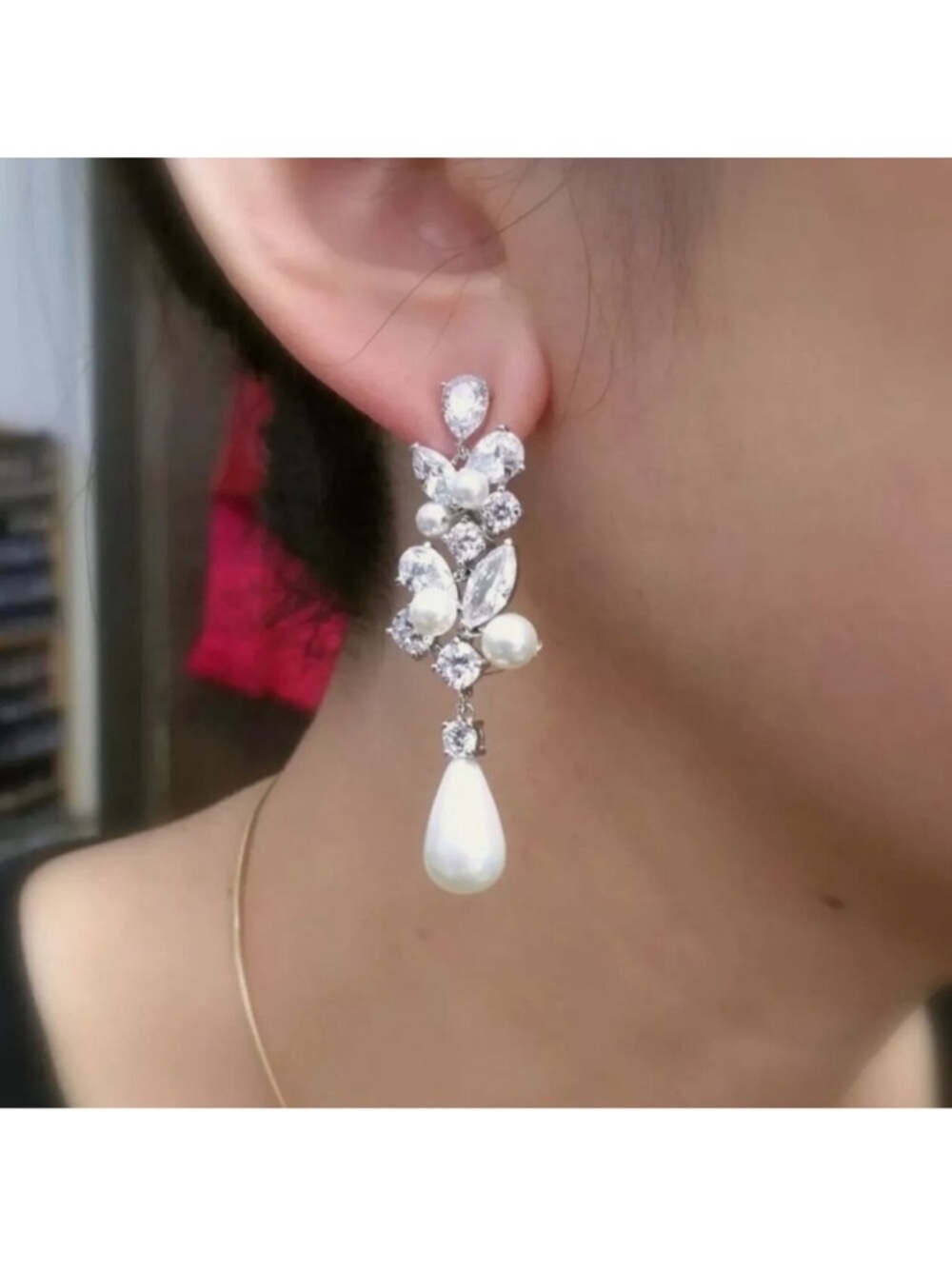 Delicate White Faux Pearl Drop and Crystal Dangle Earrings New